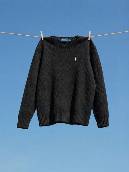 Vintage Polo Ralph Lauren Cable Knit Sweater Black Cotton Crewneck Jumper Pony Logo