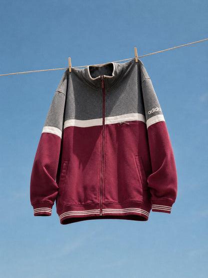 Vintage Adidas Track Jacket Grey Burgundy Full Zip Sweatshirt Retro Sportswear