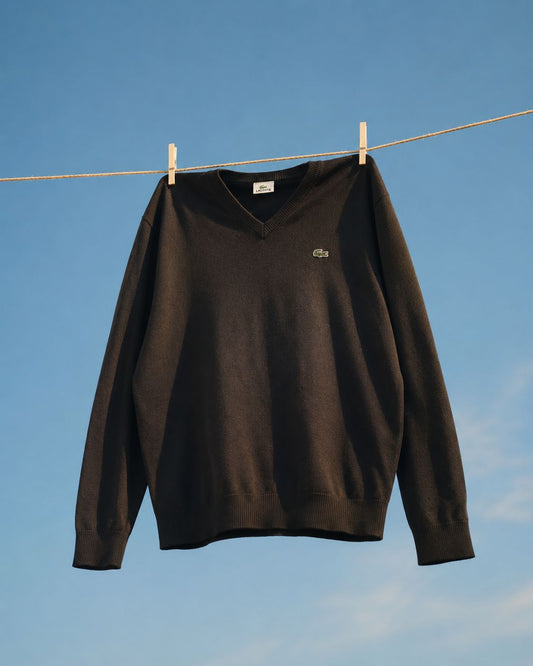 Vintage Lacoste Brown V-Neck Sweater Men’s Knit Jumper Crocodile Logo Cotton Size L